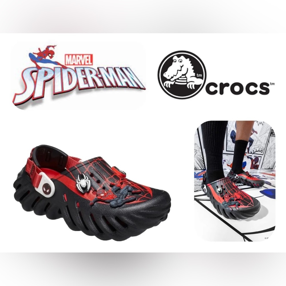 CROCS x MARVEL ECHO Team Spider-Man Youth Sz 6/Women 8 Red Black Jibbitz